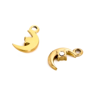 Golden crescent moon pendants with sparkling cubic zirconia on a clean white background