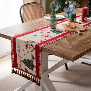 Christmas Table Runner Red Plaid Snowman Jacquard Polyester Tassel Holiday Dining Home Decor Bed Runner