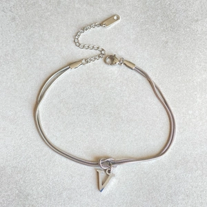 Silver stainless steel double layer bracelet with V letter pendant and lobster clasp