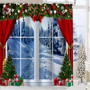 Detailed view of Christmas shower curtain with snow forest scene and festive ornaments