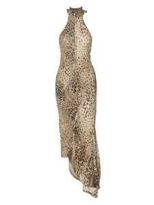 Slim fit leopard print halter dress with backless design and irregular hemline