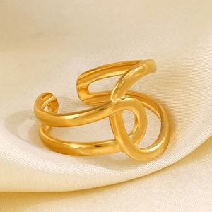 Minimalist double-layer gold stainless steel open ring on a soft silk background