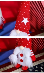 Detail of red knit gnome hat with white stars and plush white beard holiday ornament