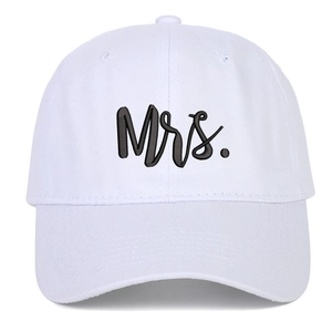 White baseball cap featuring black Mrs. embroidery for couples in a minimalist cotton design