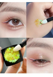 Macro detail of star-shaped glitter gel with green-yellow sparkles and sponge applicator