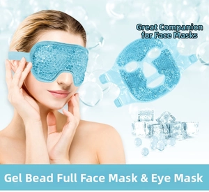 Detail of blue cooling gel bead eye mask and face mask set with adjustable straps