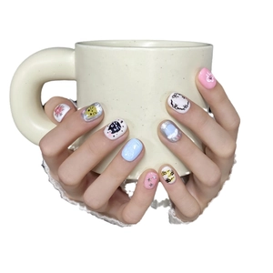 Cute hand-painted cat press-on nails set with Morandi tones and 3D ribbon charms