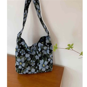 Macro view of blue floral jacquard fabric and texture on a vintage canvas shoulder bag