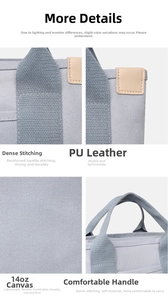 Detail of 14oz canvas bag featuring reinforced stitching and premium PU leather trim