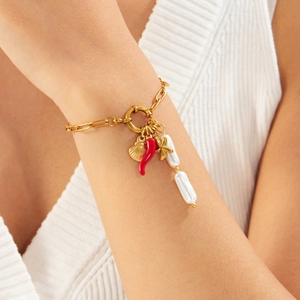 Bracciale in acciaio inossidabile dorato con ciondoli a stella marina, conchiglia e peperoncino