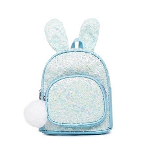 Cute light blue kids backpack with shiny white sequins, rabbit ears and fluffy pompom