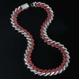 Detail of 15mm rhombic Cuban link chain with silver base, red and clear crystals