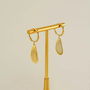 Minimalist gold-plated stainless steel hollow wing earrings on a T-shaped display stand