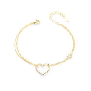 Elegant S925 sterling silver double-layer heart bracelet with sparkling crystals in gold finish