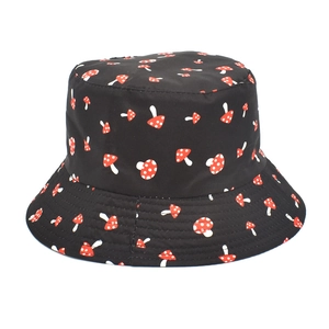 Trendy black bucket hat with red mushroom print for outdoor sun protection