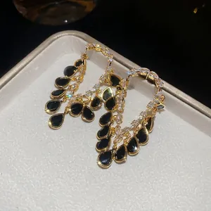 18K gold plated vintage drop earrings with black waterdrop stones and zircon accents