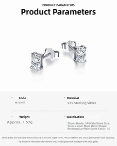 Detailed specs of 925 sterling silver earrings with rectangular 1.0ct 5A zircon stones