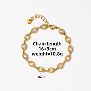 Detail view of gold-plated zircon bracelet showing 16+3cm length and 10.8g weight