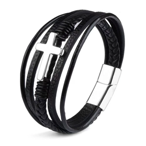 Détails d'un bracelet multicouche en cuir noir avec croix argentée et fermoir magnétique