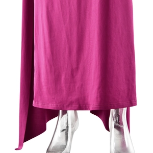 Detail showing the irregular high-low hemline of the elegant rose red evening gown