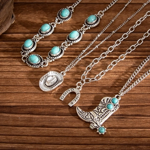 Western style set with turquoise bracelet and lucky horseshoe, cowboy hat, boot pendants