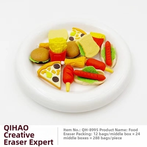 Close-up of food-shaped eraser set featuring detailed burger fries and pizza models