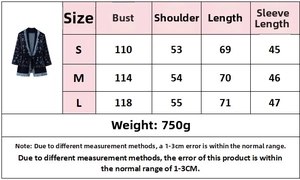 Size chart for women's jacquard knit cardigan showing bust, length, and sleeve measurements