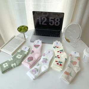 Cozy coral fleece mid-calf socks with cute cartoon floral and fruit patterns in five colors