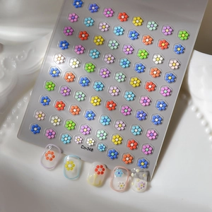 Detail of colorful 3D flower nail art stickers Co-348 on transparent tips and sheet