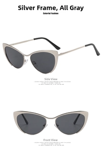 Detailed views of silver metal cat eye frames with grey lenses showing front and side angles