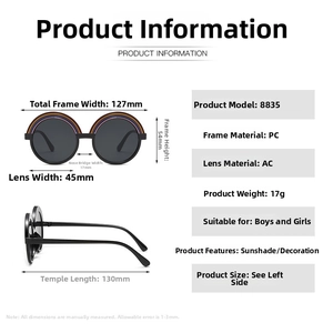 Detailed technical specifications for children's rainbow round PC frame sunglasses