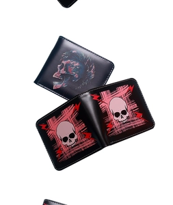 Detail of gothic devil skull pattern on men's black leather bi-fold wallet short style