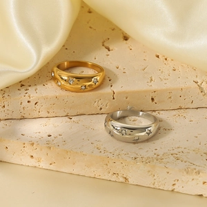 Star engraved 18k gold and silver stainless steel rings with zircon on travertine stones