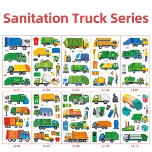 Set of 10 waterproof cartoon garbage truck tattoos for kids including workers and bins