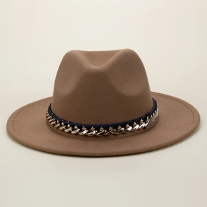 Women Vintage Woolen Fedora Hat With Gold Metal Chain And Satin Ribbon Wide Flat Brim Elegant Autumn Winter Jazz Felt Hat