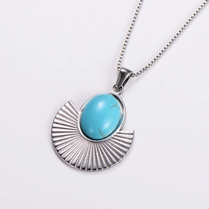 Retro stainless steel necklace featuring a turquoise pendant with a fan-shaped design