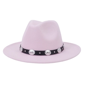 Stylish light pink wool felt fedora hat featuring black leather belt with silver metal studs