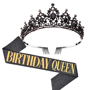 Set Birthday Queen avec diadème en cristal noir et écharpe pailletée dorée de fête