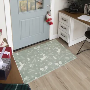 Detailed view of the Christmas reindeer rug texture and stitching in a home entryway