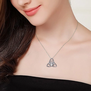S925 sterling silver Celtic knot necklace with heart-shaped gemstone on model