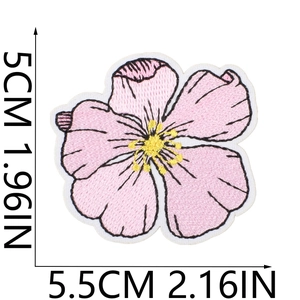 Detail showing pink flower embroidery patch with size dimensions 5cm x 5.5cm