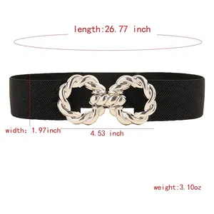 Elastic wide black waist belt for women with vintage silver twist-rope double ring buckle