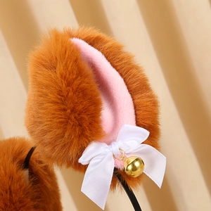 Cute plush cat ears headband with white ribbon bows and golden bells for cosplay