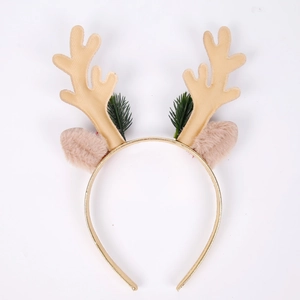 Detail of Christmas reindeer headband with gold antlers, brown ears and green pine needles