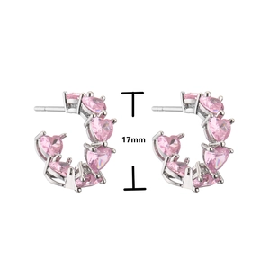 Detail of micro-paved pink heart zircon C-shaped earrings with 17mm outer diameter
