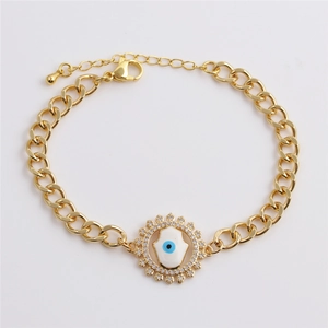 Minimalist gold plated Hamsa Hand and Evil Eye chain bracelet with sparkling zircon stones