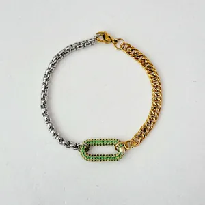 Two-tone box and cuban chain bracelet featuring a green zircon pavé rectangle link