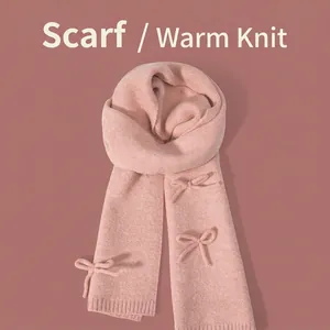 Women's Sweet Bowknot Knitted Scarf Soft Warm Cotton Blend Mid-length Scarf Solid Color Winter Neck Warmer Shawl Scarf