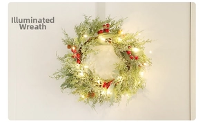 Detail of Christmas PE wreath with red berries, pine cones and warm LED string lights