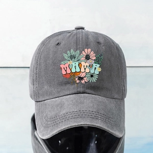 Vintage washed grey baseball cap featuring floral MAMA print with a retro bohemian style